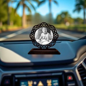 Car Desk/Table Top Sri Sri Thakur Anukul Chandra Wooden Showpiece 3x4 Inches, Compact & Stylish Spiritual Display for Car, Home & Office (Pack of 1) (F19758)