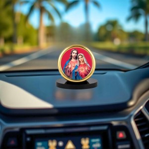 Car Desk/Table Top Lord Jesus and Merry Metal Golden Photo Stand 2x2 Inches, Compact & Stylish Spiritual Display for Car, Home & Office (Pack of 1) (F18659)