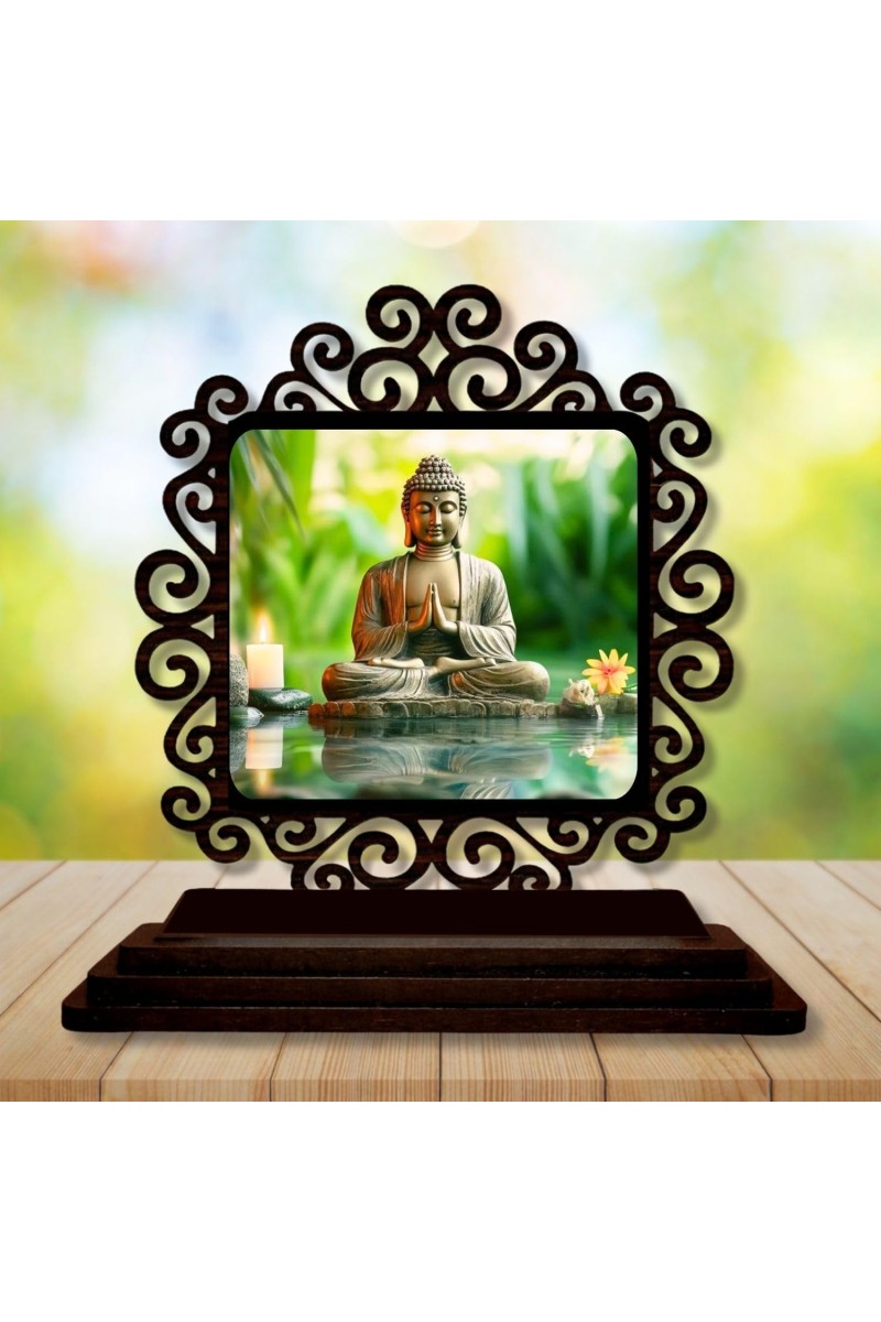 Car Desk/Table Top Lord Buddha Wooden Showpiece 3x4 Inches, Compact & Stylish Spiritual Display for Car, Home & Office (Pack of 1) (F19994)