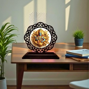 Car Desk/Table Top Lord Krishna Wooden Showpiece 3x4 Inches, Compact & Stylish Spiritual Display for Car, Home & Office (Pack of 1) (F19602)