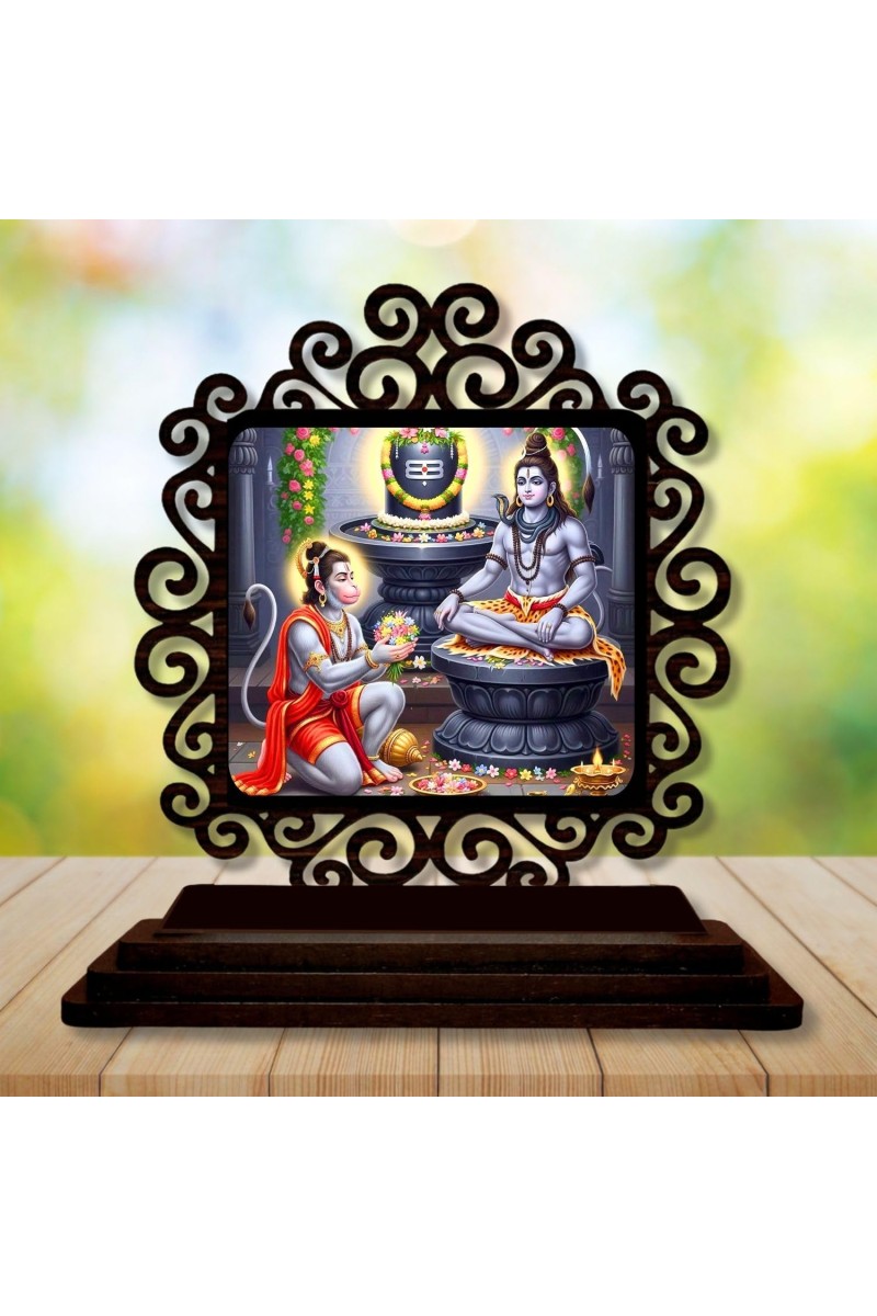 Car Desk/Table Top Lord Shiva and Hanuman Wooden Showpiece 3x4 Inches, Compact & Stylish Spiritual Display for Car, Home & Office (Pack of 1) (F19858)