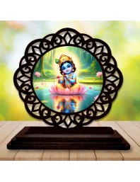 Car Desk/Table Top Lord Krishna Wooden Showpiece 3x4 Inches, Compact & Stylish Spiritual Display for Car, Home & Office (Pack of 1) (F19739)