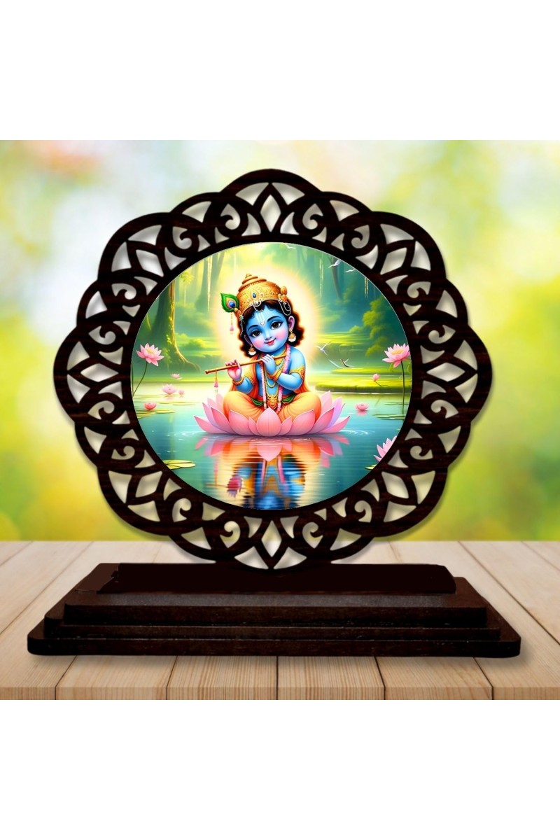 Car Desk/Table Top Lord Krishna Wooden Showpiece 3x4 Inches, Compact & Stylish Spiritual Display for Car, Home & Office (Pack of 1) (F19739)