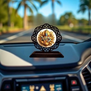 Car Desk/Table Top Lord Krishna Wooden Showpiece 3x4 Inches, Compact & Stylish Spiritual Display for Car, Home & Office (Pack of 1) (F19602)