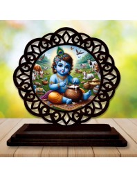 Car Desk/Table Top Lord Krishna Wooden Showpiece 3x4 Inches, Compact & Stylish Spiritual Display for Car, Home & Office (Pack of 1) (F19567)