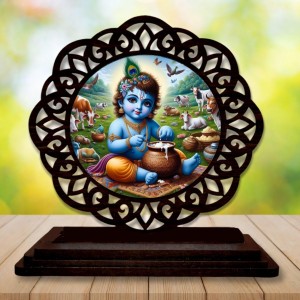 Car Desk/Table Top Lord Krishna Wooden Showpiece 3x4 Inches, Compact & Stylish Spiritual Display for Car, Home & Office (Pack of 1) (F19567)
