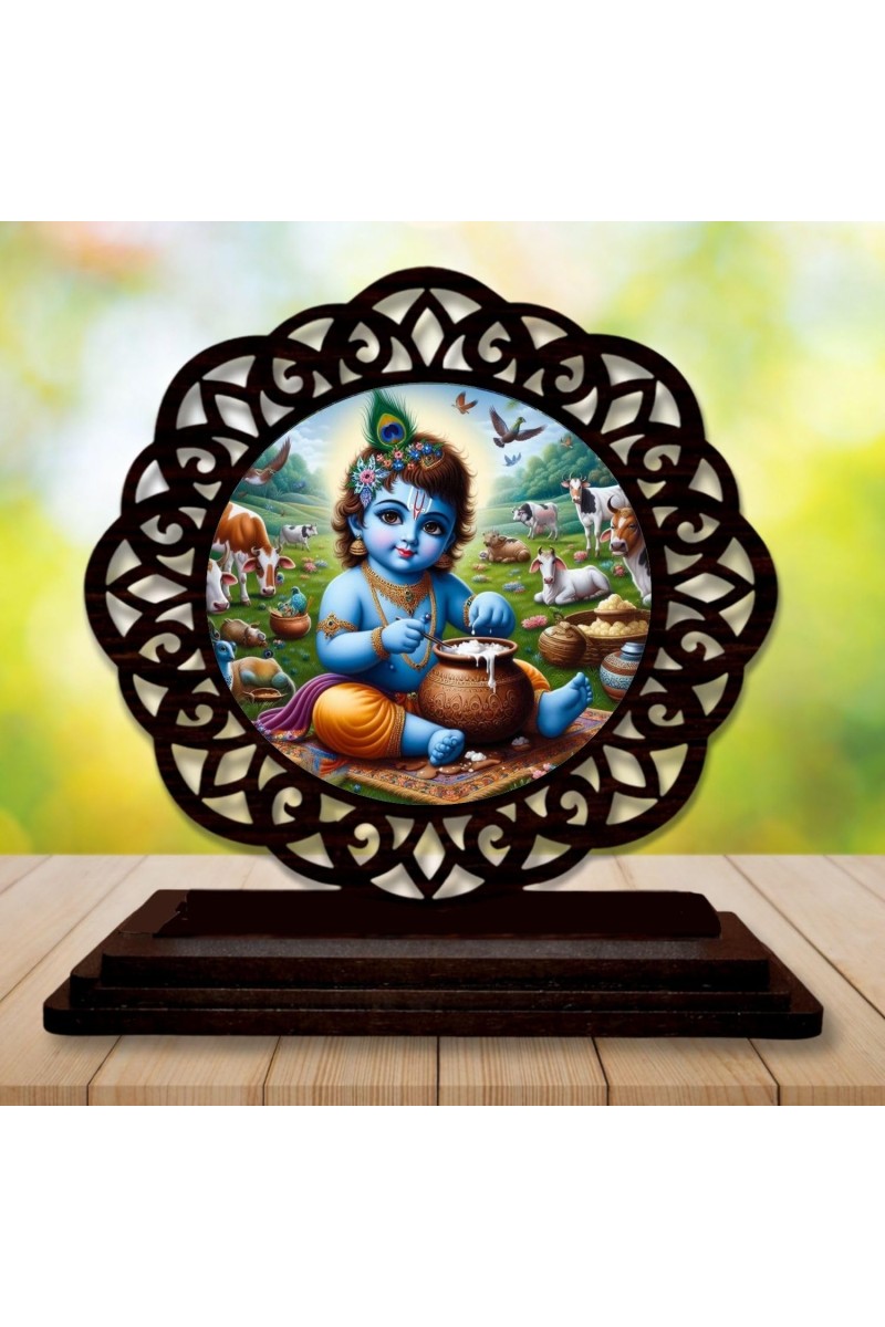 Car Desk/Table Top Lord Krishna Wooden Showpiece 3x4 Inches, Compact & Stylish Spiritual Display for Car, Home & Office (Pack of 1) (F19567)
