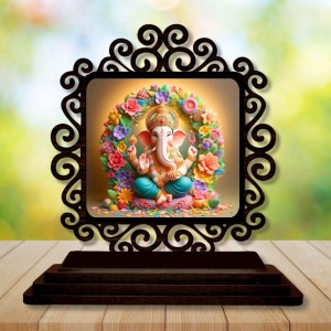 Car Desk/Table Top Lord Ganesha Wooden Showpiece 3x4 Inches, Compact & Stylish Spiritual Display for Car, Home & Office (Pack of 1) (F19936)