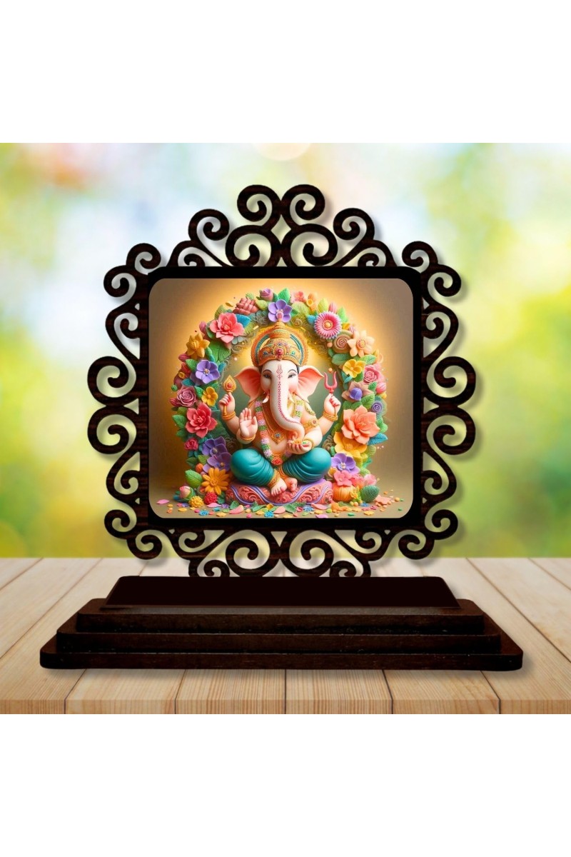 Car Desk/Table Top Lord Ganesha Wooden Showpiece 3x4 Inches, Compact & Stylish Spiritual Display for Car, Home & Office (Pack of 1) (F19936)