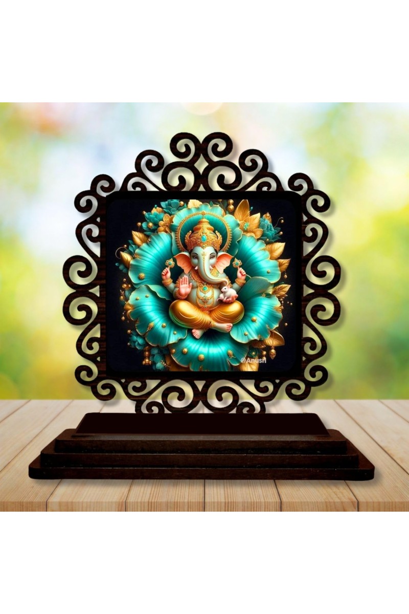 Car Desk/Table Top Lord Ganesha Wooden Showpiece 3x4 Inches, Compact & Stylish Spiritual Display for Car, Home & Office (Pack of 1) (F19948)