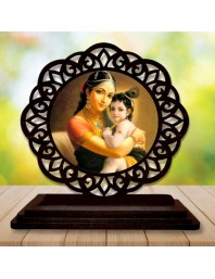 Car Desk/Table Top Lord Krishna with Yashodha Wooden Showpiece 3x4 Inches, Compact & Stylish Spiritual Display for Car, Home & Office (Pack of 1) (F19561)