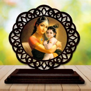 Car Desk/Table Top Lord Krishna with Yashodha Wooden Showpiece 3x4 Inches, Compact & Stylish Spiritual Display for Car, Home & Office (Pack of 1) (F19561)