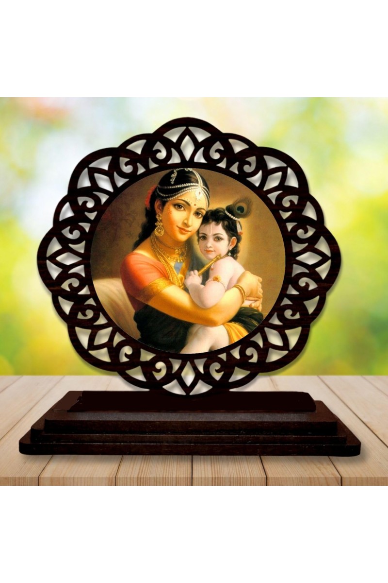 Car Desk/Table Top Lord Krishna with Yashodha Wooden Showpiece 3x4 Inches, Compact & Stylish Spiritual Display for Car, Home & Office (Pack of 1) (F19561)