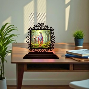 Car Desk/Table Top Lord Krishna Wooden Showpiece 3x4 Inches, Compact & Stylish Spiritual Display for Car, Home & Office (Pack of 1) (F19793)