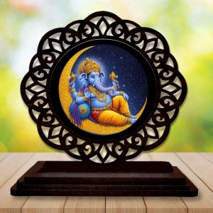 Car Desk/Table Top Lord Ganesha Wooden Showpiece 3x4 Inches, Compact & Stylish Spiritual Display for Car, Home & Office (Pack of 1) (F19743)