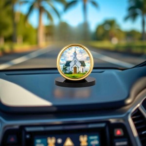 Car Desk/Table Top Beautiful Church Metal Golden Photo Stand 2x2 Inches, Compact & Stylish Spiritual Display for Car, Home & Office (Pack of 1) (F18727)