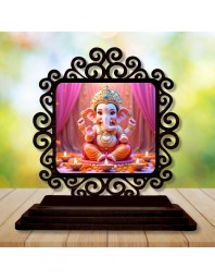 Car Desk/Table Top Lord Ganesha Wooden Showpiece 3x4 Inches, Compact & Stylish Spiritual Display for Car, Home & Office (Pack of 1) (F19973)