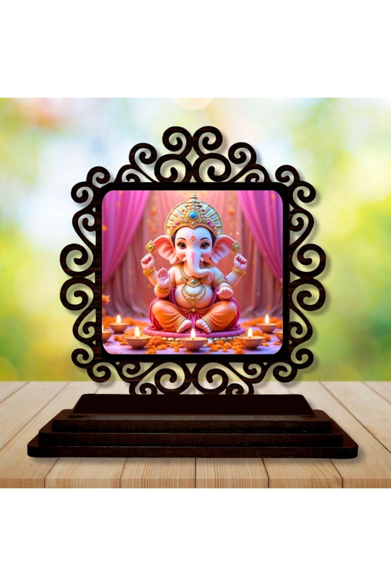 Car Desk/Table Top Lord Ganesha Wooden Showpiece 3x4 Inches, Compact & Stylish Spiritual Display for Car, Home & Office (Pack of 1) (F19973)