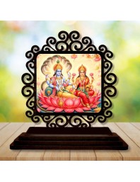 Car Desk/Table Top Lord Vishnu and Lakshmi Wooden Showpiece 3x4 Inches, Compact & Stylish Spiritual Display for Car, Home & Office (Pack of 1) (F19846)