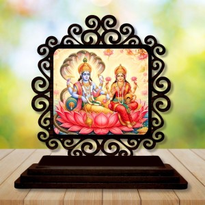 Car Desk/Table Top Lord Vishnu and Lakshmi Wooden Showpiece 3x4 Inches, Compact & Stylish Spiritual Display for Car, Home & Office (Pack of 1) (F19846)