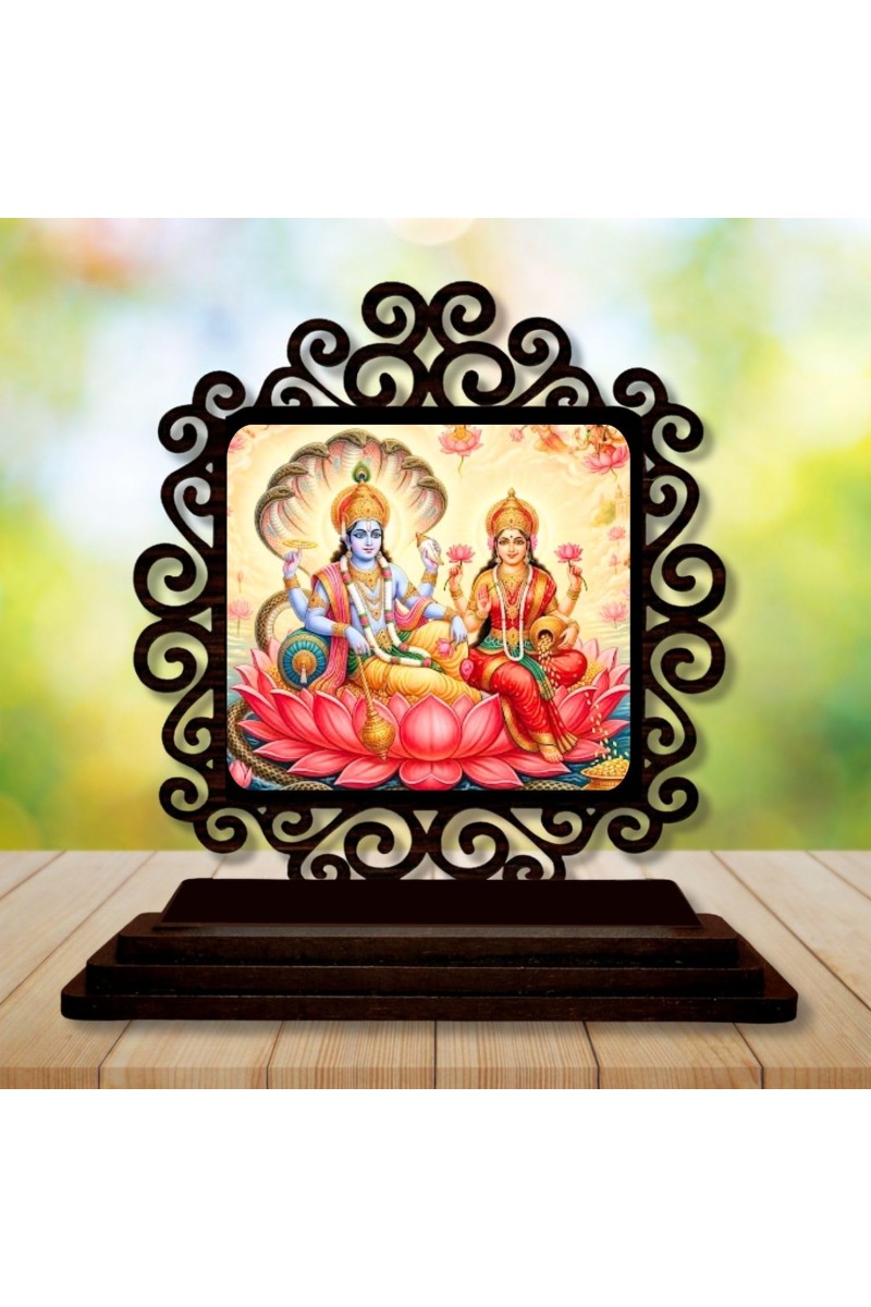 Car Desk/Table Top Lord Vishnu and Lakshmi Wooden Showpiece 3x4 Inches, Compact & Stylish Spiritual Display for Car, Home & Office (Pack of 1) (F19846)