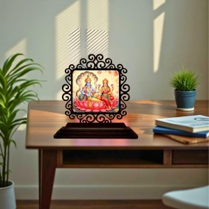 Car Desk/Table Top Lord Vishnu and Lakshmi Wooden Showpiece 3x4 Inches, Compact & Stylish Spiritual Display for Car, Home & Office (Pack of 1) (F19846)