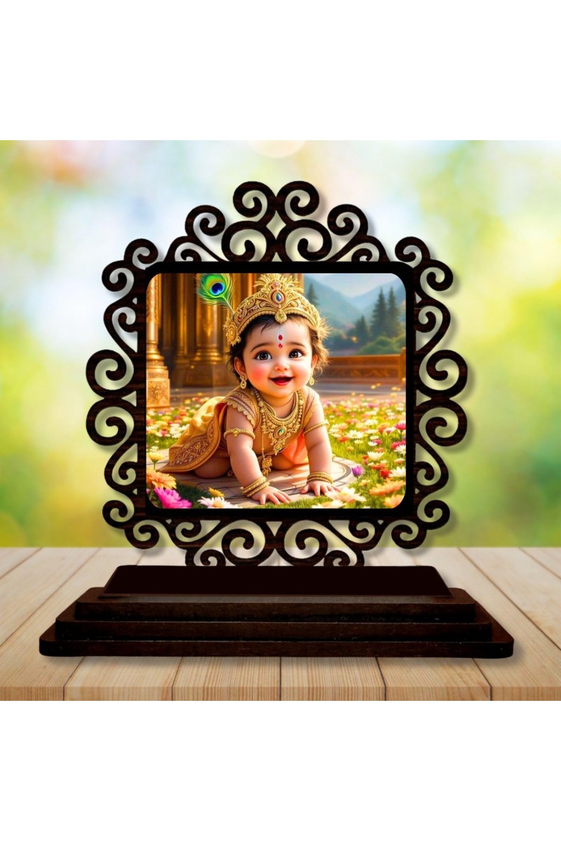 Car Desk/Table Top Little Krishna Wooden Showpiece 3x4 Inches, Compact & Stylish Spiritual Display for Car, Home & Office (Pack of 1) (F20012)