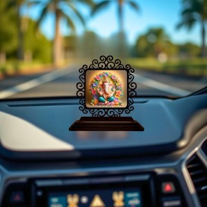 Car Desk/Table Top Lord Ganesha Wooden Showpiece 3x4 Inches, Compact & Stylish Spiritual Display for Car, Home & Office (Pack of 1) (F19936)