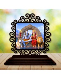 Car Desk/Table Top Lord Shiva and Parvathi Wooden Showpiece 3x4 Inches, Compact & Stylish Spiritual Display for Car, Home & Office (Pack of 1) (F19798)