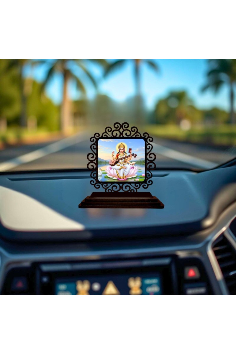 Car Desk/Table Top Lord Saraswathi Wooden Showpiece 3x4 Inches, Compact & Stylish Spiritual Display for Car, Home & Office (Pack of 1) (F19979)