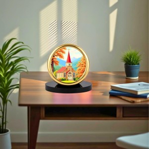 Car Desk/Table Top Beautiful Church Metal Golden Photo Stand 2x2 Inches, Compact & Stylish Spiritual Display for Car, Home & Office (Pack of 1) (F18726)