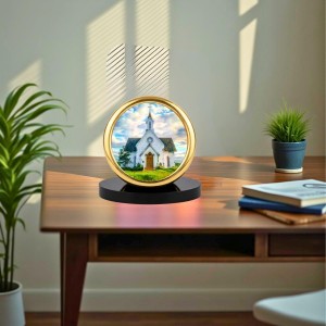 Car Desk/Table Top Beautiful Church Metal Golden Photo Stand 2x2 Inches, Compact & Stylish Spiritual Display for Car, Home & Office (Pack of 1) (F18727)