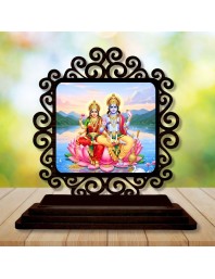 Car Desk/Table Top Lord Vishnu and Lakshmi Wooden Showpiece 3x4 Inches, Compact & Stylish Spiritual Display for Car, Home & Office (Pack of 1) (F20065)