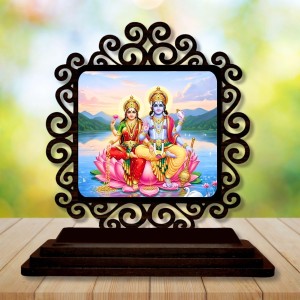 Car Desk/Table Top Lord Vishnu and Lakshmi Wooden Showpiece 3x4 Inches, Compact & Stylish Spiritual Display for Car, Home & Office (Pack of 1) (F20065)