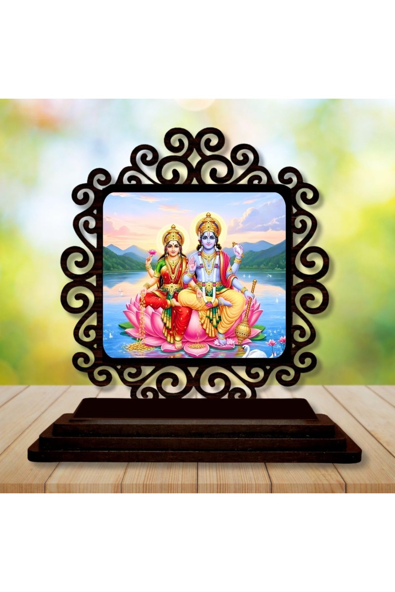 Car Desk/Table Top Lord Vishnu and Lakshmi Wooden Showpiece 3x4 Inches, Compact & Stylish Spiritual Display for Car, Home & Office (Pack of 1) (F20065)