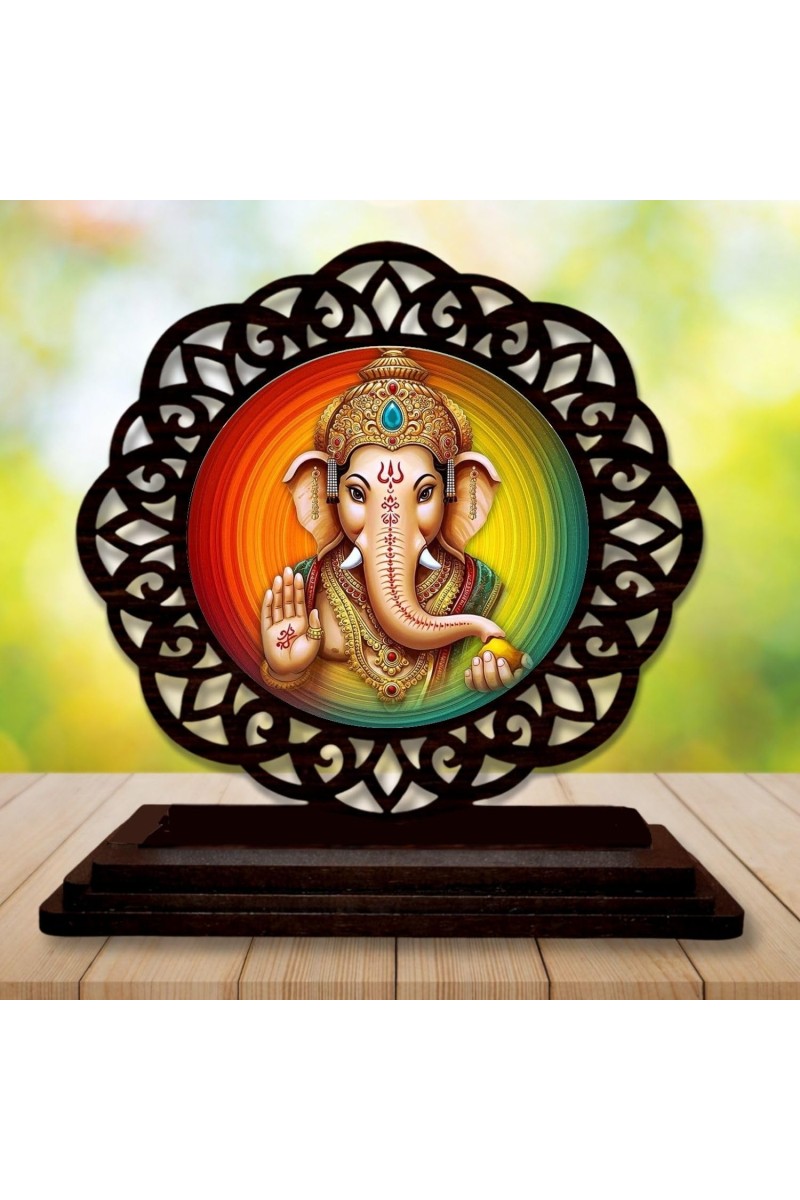 Car Desk/Table Top Lord Ganesha Wooden Showpiece 3x4 Inches, Compact & Stylish Spiritual Display for Car, Home & Office (Pack of 1) (F19605)