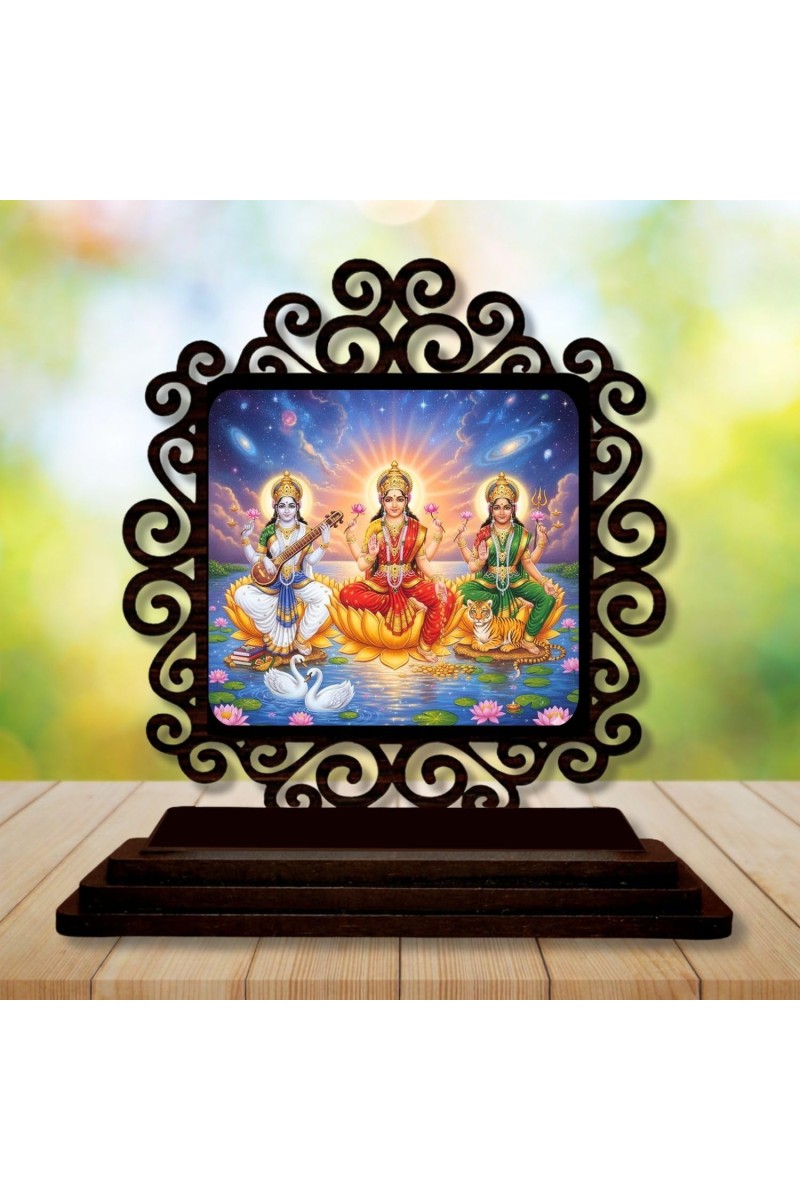 Car Desk/Table Top Lakshmi Saraswathi Parvathi Wooden Showpiece 3x4 Inches, Compact & Stylish Spiritual Display for Car, Home & Office (Pack of 1) (F19818)