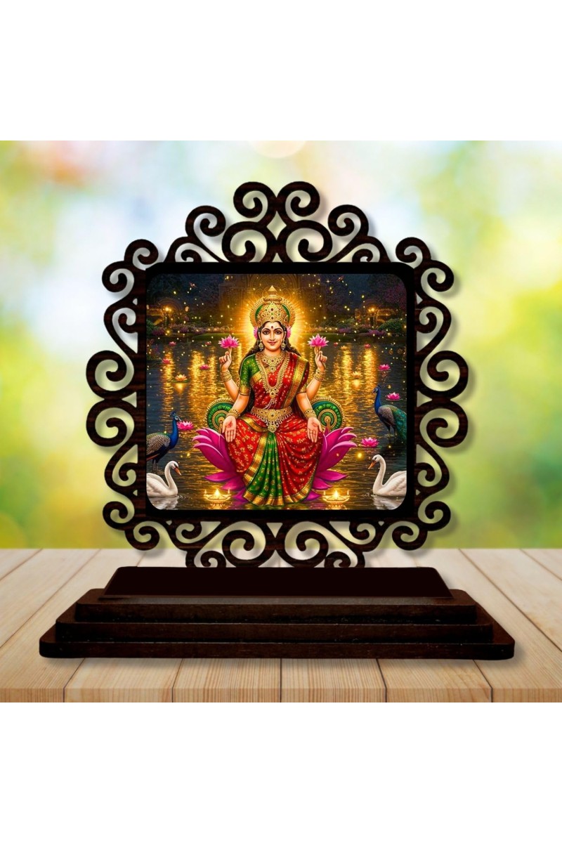 Car Desk/Table Top Goddess Lakshmi Wooden Showpiece 3x4 Inches, Compact & Stylish Spiritual Display for Car, Home & Office (Pack of 1) (F20017)