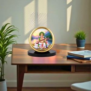 Car Desk/Table Top Goddess Saraswathi Metal Golden Photo Stand 2x2 Inches, Compact & Stylish Spiritual Display for Car, Home & Office (Pack of 1) (F18606)