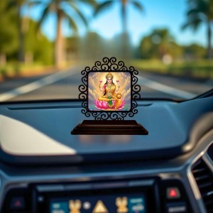 Car Desk/Table Top Goddess Lakshmi Wooden Showpiece 3x4 Inches, Compact & Stylish Spiritual Display for Car, Home & Office (Pack of 1) (F19833)
