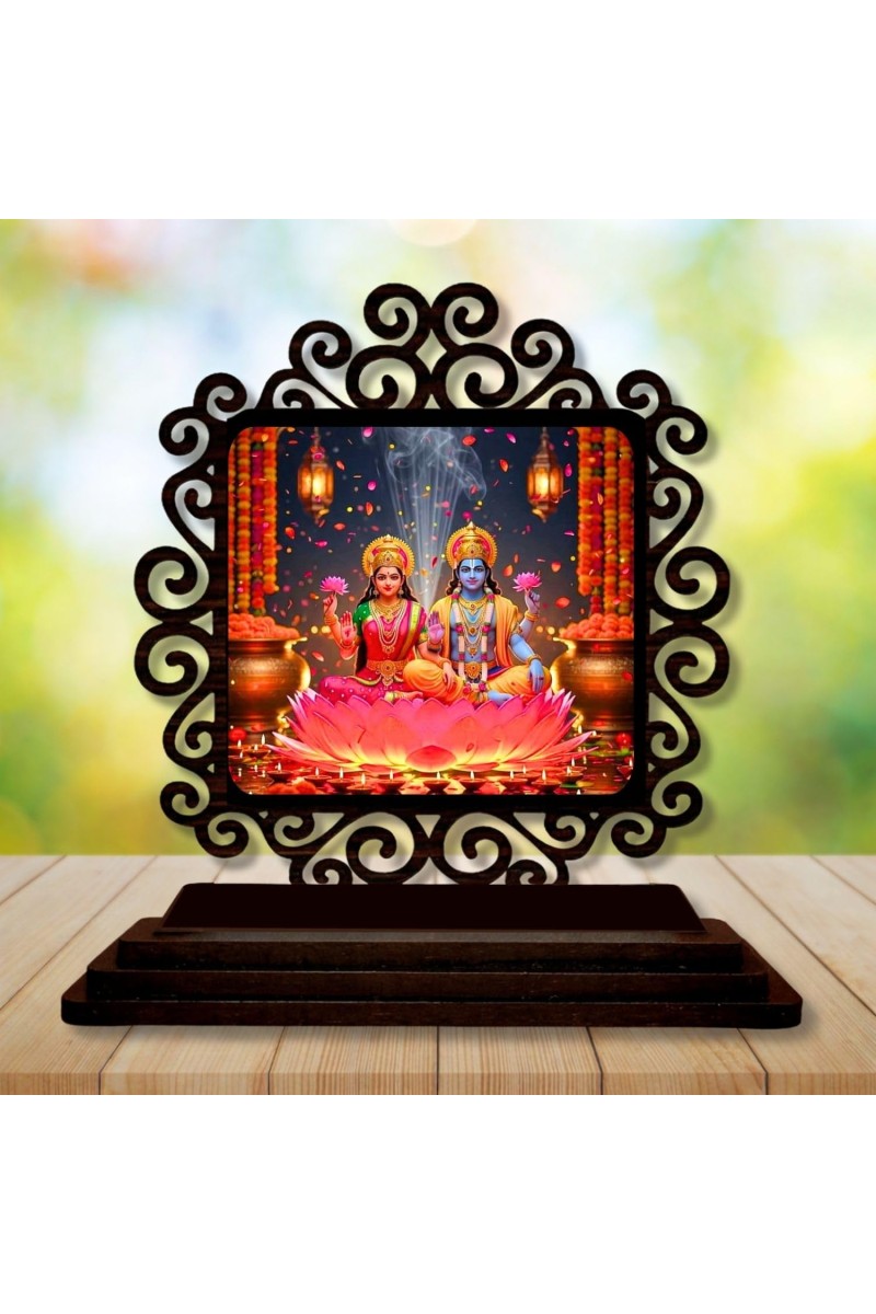 Car Desk/Table Top Lord Vishnu and Lakshmi Wooden Showpiece 3x4 Inches, Compact & Stylish Spiritual Display for Car, Home & Office (Pack of 1) (F20062)