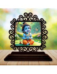 Car Desk/Table Top Little Krishna Wooden Showpiece 3x4 Inches, Compact & Stylish Spiritual Display for Car, Home & Office (Pack of 1) (F19985)