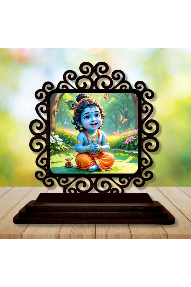 Car Desk/Table Top Little Krishna Wooden Showpiece 3x4 Inches, Compact & Stylish Spiritual Display for Car, Home & Office (Pack of 1) (F19985)