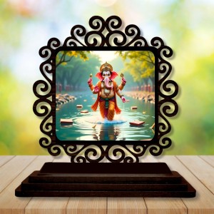 Car Desk/Table Top Lord Ganesha Wooden Showpiece 3x4 Inches, Compact & Stylish Spiritual Display for Car, Home & Office (Pack of 1) (F19801)