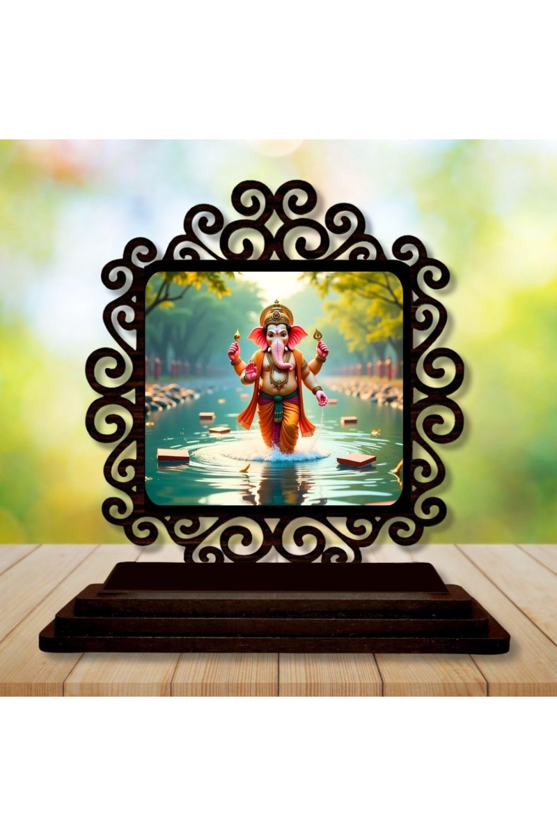 Car Desk/Table Top Lord Ganesha Wooden Showpiece 3x4 Inches, Compact & Stylish Spiritual Display for Car, Home & Office (Pack of 1) (F19801)