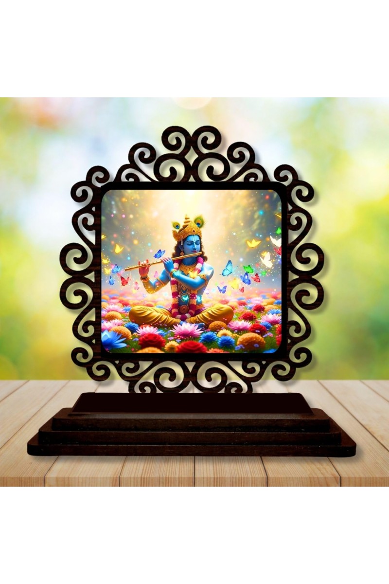 Car Desk/Table Top Lord Krishna Wooden Showpiece 3x4 Inches, Compact & Stylish Spiritual Display for Car, Home & Office (Pack of 1) (F19792)