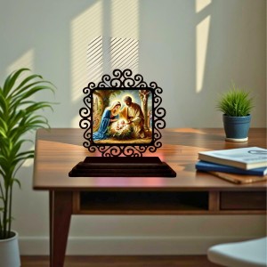 Car Desk/Table Top Jesus and Merry Wooden Showpiece 3x4 Inches, Compact & Stylish Spiritual Display for Car, Home & Office (Pack of 1) (F20021)