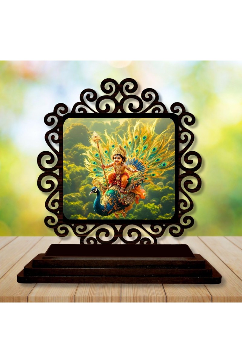 Car Desk/Table Top Lord Karthikeya Wooden Showpiece 3x4 Inches, Compact & Stylish Spiritual Display for Car, Home & Office (Pack of 1) (F20066)