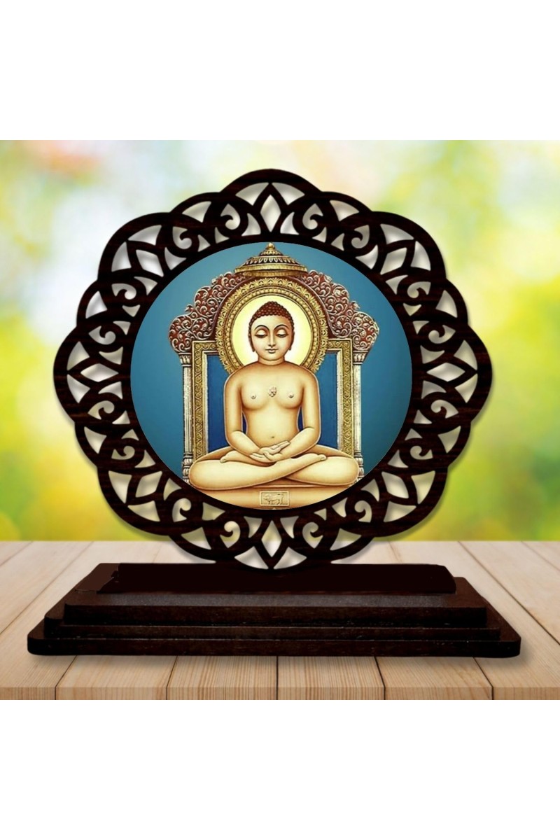 Car Desk/Table Top LordMahaviraa Wooden Showpiece 3x4 Inches, Compact & Stylish Spiritual Display for Car, Home & Office (Pack of 1) (F19564)