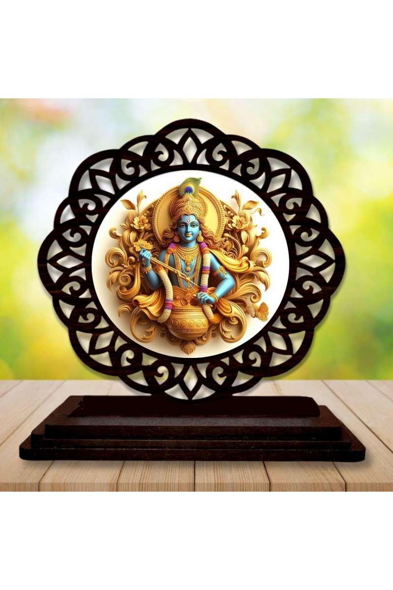 Car Desk/Table Top Lord Krishna Wooden Showpiece 3x4 Inches, Compact & Stylish Spiritual Display for Car, Home & Office (Pack of 1) (F19602)